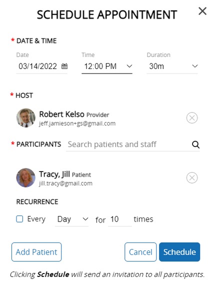 HIPAA Video schedule appointment information screenshot. 