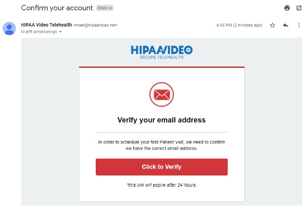 Screenshot of HIPAA Video email verification.
