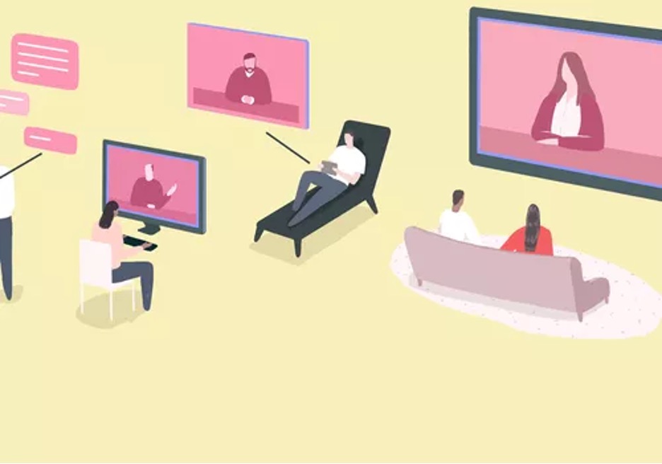 Online therapy graphic showing patients in various therapy sessions through telehealth services